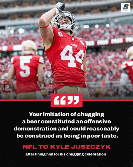 Kyle Juszczyk was fined $14,926 by the NFL for his chugging celebration 🤨
[via @adamschefter, @juicecheck44]