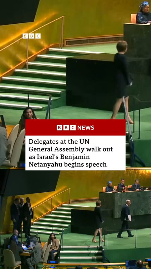 Dozens of United Nations delegates have walked out of the hall just as Israeli Prime Minister Benjamin Netanyahu was due to deliver a speech.

Addressing the UN's General Assembly, Netanyahu described those walking out them as "moral cowards". Those who remained and felt similarly should leave, he said.

The Israeli delegation could be seen cheering Netanyahu in support.
 
Tap the link in @BBCNews's bio to read more.
 
#Israel #BBCNews