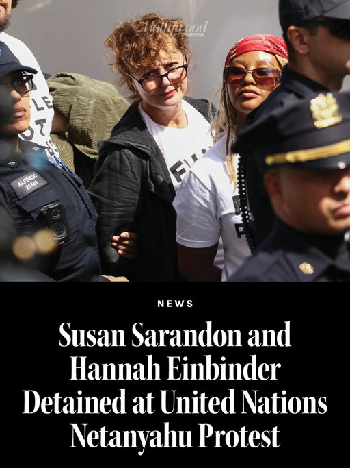 #SusanSarandon, #HannahEinbinder and #CalebHearon were reportedly among around 100 protesters taken into custody on Thursday in New York City ahead of Israeli Prime Minister Benjamin Netanyahu addressing the United Nations General Assembly.⁠
⁠
Sarandon was detained, according to a number of outlets, including The New York Times, with photographers snapping images of the Oscar winner waiting to be transported from the protest.⁠
⁠
Get more details at the link in bio.