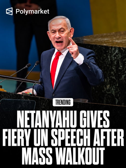 Israeli Prime Minister Benjamin Netanyahu’s UN speech was delayed by protests and a mass walkout, with dozens of delegates leaving as he approached the podium.

“If there are any other moral cowards who haven’t yet left this hall, please do so now,” Netanyahu said before beginning his remarks.

He later accused New York Mayor Zohran Mamdani of antisemitism after Mamdani called him a “war criminal,” while protests outside UN headquarters led to several arrests.

Traders predict a 4% chance Netanyahu will be arrested this year.