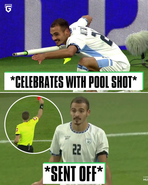 Israeli player Sayed Abu Farkhi was SENT OFF in the Nations League tonight because of his goal celebration... 😳

After scoring Abu Farkhi used the corner flag to imitate a POOL SHOT, which was misinterperted to be something more violent resulting in the player receiving a second yellow card and therefore a RED CARD 🤯🇮🇱