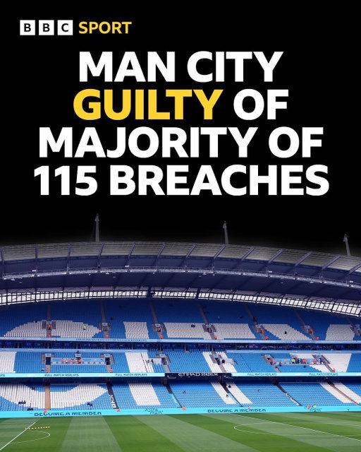 Manchester City have been found guilty of breaking the majority of the 115 financial rules they were accused of breaching, BBC Sport understands.
⁣
The Athletic is reporting that the sanctions have not been decided but that the independent panel has reached its decision, finding them guilty of all but one count.⁣
⁣
Sources have told BBC Sport a decision has been made in the case, and City have been found guilty of the majority of breaches.⁣
⁣
The Premier League declined to comment.⁣
⁣
Asked if the report was correct, City did not comment either way.⁣