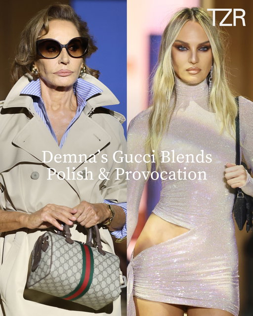 Decency and danger collide in Demna’s Spring/Summer 2027 collection for @gucci. In his show notes, the designer revealed that his first year at Gucci was dedicated to decoding the brand’s DNA. The conclusion of his studied approach, is that the house embodies the tension between “propriety and sensuality.” That friction defined the runway. Alongside refined “ladies who lunch” staples — riding boots, cropped blazers, and preppy sweaters casually draped over shoulders— came a continuation of Gucci’s party girl from seasons prior. 

📷: Getty