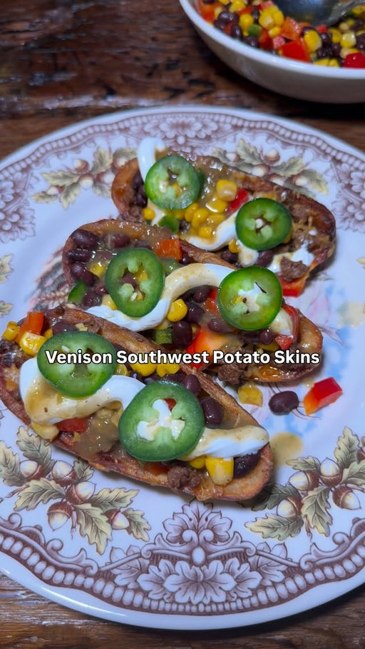 I was in charge of camp dinner tonight so I made Venison Southwest Potato Skins to eat around the fire and served up drinks in the new limited edition RealTree @topcupofficial 🙌 They’re premium aluminum cups made in Georgia that are great for grilling, tailgates, pool days, campfires, and deer camp. You can snag the new @realtreeoutdoors Top Cups on Amazon and Topcups.com. So pumped to partner with Top Cup this hunting season and use these cups here at deer camp!

Venison Southwest Potato Skins Recipe: 

Bake potatoes 400f 1 hour (oil, salt & pepper)
Mix beans, corn, red bell pepper, jalepano, seasoning & olive oil 
Cook venison w/ taco seasoning
Scoop out insides of potato 
Fry potato in oil
Cover in cheddar cheese & venison then melt in oven
Top with salsa, sour cream & taco sauce