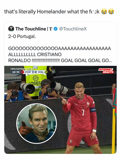 Imagine doing this for an offside goal 😭 Ronaldo man

Portugal beat Wales 1 to 0 in the UEFA Nations League on September 24, 2026, with João Félix scoring the only goal in the 22nd minute. Cristiano Ronaldo had several chances but did not score, including a second half effort that was ruled out for offside after VAR review. 

Ronaldo was eventually substituted in the 67th minute after seven shots without finding the net. So the image is using the huge Ronaldo celebration energy from the match, while the actual result was 1 to 0 rather than the 2 to 0 shown in the post.

(🎥: X/laffythfc)