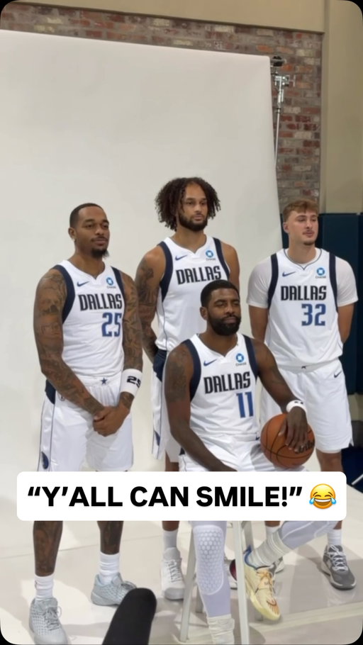 @pjwashington jumps in for a photo with Cooper Flagg, Kyrie Irving and Dereck Lively ll at @dallasmavs Media Day!