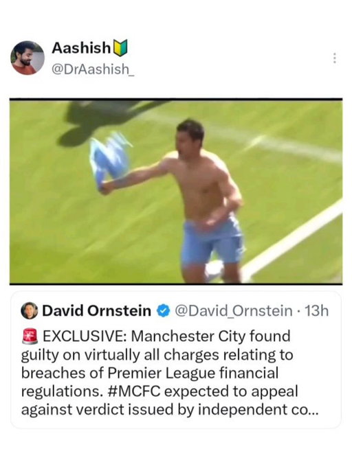 Manchester City have been found guilty on almost all of the charges relating to breaches of the Premier League’s financial regulations.

The sanctions have not been decided, with all possibilities remaining on the table, and City are expected to appeal.

City have been found guilty on all but one of the 115 charges, according to sources briefed on the matter who spoke anonymously as they were not authorised to do so publicly.

📝 @davidornstein