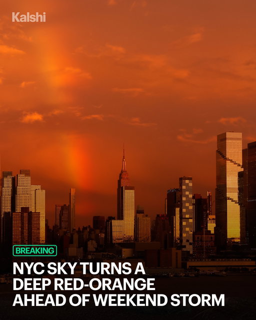 New York City’s sky turned vivid red and orange Friday evening as a nor’easter moved into the region, bringing heavy rain, strong winds and coastal flooding through the weekend.

Traders give a 66% chance that it will rain above 2.5 inches in NYC this weekend.