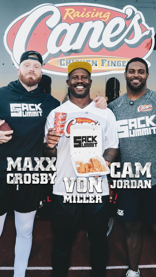 @maxxcrosby and @camjordan94 are going head to head on Sunday but they agree on one thing with @vonmiller!  @raisingcanes bringing the fuel! #SackSummit