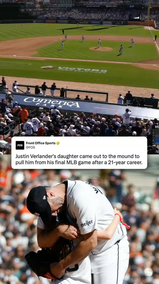Justin Verlander's daughter came out to the mound to pull him from his final MLB game.⁠
⁠
Verlander walked off with his family shortly thereafter, wrapping up a 21-year career featuring:⁠
⁠
• 3 Cy Young Awards⁠
• 10 All-Star selections⁠
• AL MVP⁠
⁠
🎥 @mlb