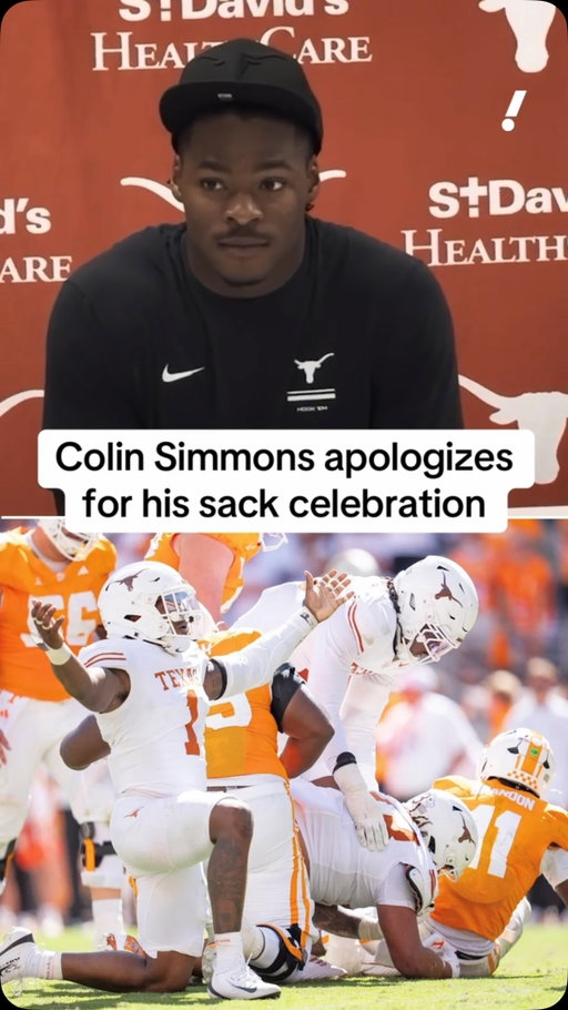 Texas star Colin Simmons apologizes for his celebration that received an unsportsmanlike conduct penalty for what the referee deemed “simulating using the restroom.”