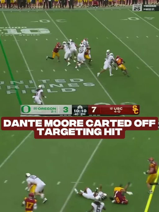 👉 Follow @collegefootball 

SCARY scene in Los Angeles. Prayers up for Dante Moore. 🙏

Oregon QB Dante Moore was carted off against USC after taking a hard hit from Trojans defender D. Stephens while scrambling in the second quarter. Officials reviewed the play and upheld targeting, resulting in an ejection. 

It’s an especially brutal blow for No. 20 Oregon considering how important Moore has been to this offense. He entered tonight completing 68.5% of his passes for 849 yards, 9 touchdowns and ZERO interceptions through three games. 

Football takes a back seat when you see a player stay down like that. Hopefully Moore is okay and the Ducks get positive news on him soon.

Wishing Dante Moore a full and speedy recovery. 🙏🦆