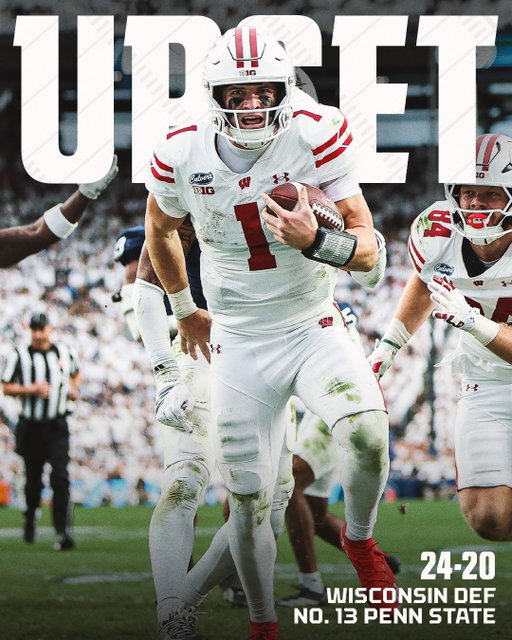 WISCONSIN DEFEATS NO. 13 PENN STATE FOR THE FIRST TIME IN 15 YEARS 🔥

It’s the Badgers’ first win at Happy Valley since 2003.
