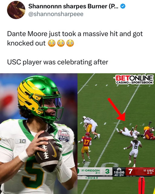 That hit on Dante Moore was obviously dirty but running around celebrating while he is fencing is beyond classless..

Dante Moore just took an absolutely massive hit against USC and went down after the collision. It was one of those hits where the entire mood changes instantly because you could tell Moore got rocked, and everyone’s attention immediately shifted toward whether he was okay.

What made the moment even crazier was seeing a USC player celebrating right after the hit while Moore was still down. Obviously emotions are running high in a huge game and the defender was fired up about making the play, but seeing the celebration happening while Moore was on the ground made the whole scene look brutal.

Hopefully Moore is okay because hits like that are bigger than football. You can love the physicality and intensity of college football while still realizing how scary these collisions can be. The hit was massive, the immediate celebration made the clip even more jarring, and now the biggest concern is Moore’s condition.

Follow US (@jukedly) to stay locked in if you love sports! 🔥