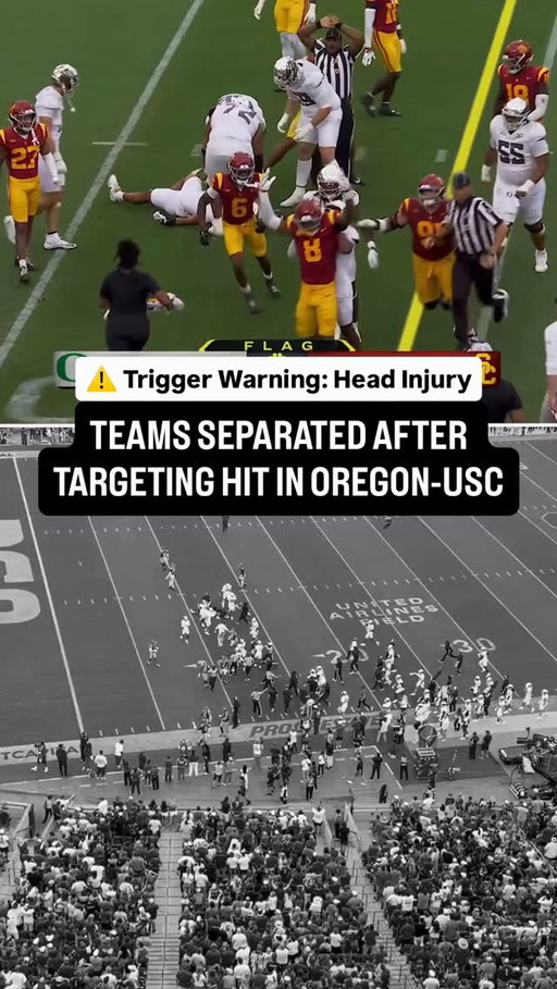Oregon QB Dante Moore was knocked out and carted off the field after taking a scary hit to the head from USC LB Desman Stephens, who was ejected for targeting.

Teams had to be separated after the play.

Hope Moore is okay 🙏