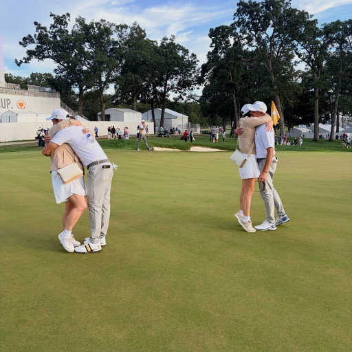 Hugs for @nicktaylorgolf and @coreyconners from the wives — @andiectaylor and @maloryolivia — after coming back from 3 down to win on 18. The @presidentscupintlteam leads 10.5 to 7.5 heading into Sunday’s singles.