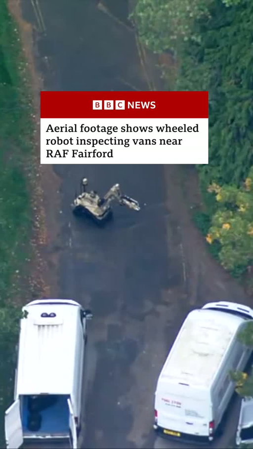 Aerial footage has captured a robot approaching vans near RAF Fairford as counter-terror police investigate a major incident.
 
Several men have been arrested on suspicion of offences under the Explosives Act, while residents in the nearby village of Whelford have been evacuated.
 
Tap the link in @BBCNews's bio to read more about this story.
 
#RAFFairford #CounterTerrorism #BBCNews