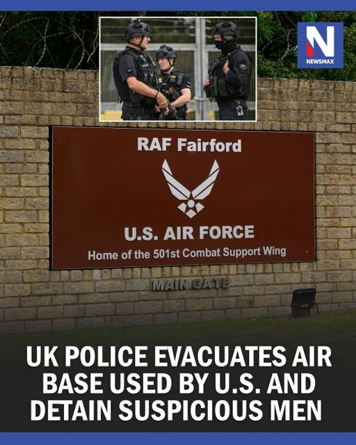 British police said on Sunday they ‌had arrested several men on suspicion of offenses under the Explosives Act and the army was examining a number of vehicles after security was stepped up at a British air base used by US air forces in southwest England. ⁣
⁣
The British government gave ‌authorisation to the US to use RAF Fairford to carry out ​strikes on Iranian missile sites that are attacking ships in the Strait of Hormuz.⁣
⁣
A Reuters eyewitness said armed police were ⁠blocking access to the main gate of the base. Around 30 emergency ​vehicles, including police cars, ambulances and fire engines, were stationed in the village of ⁠Fairford near the base.⁣
⁣
For more info on this story, please visit the link in our bio or Newsmax.com.