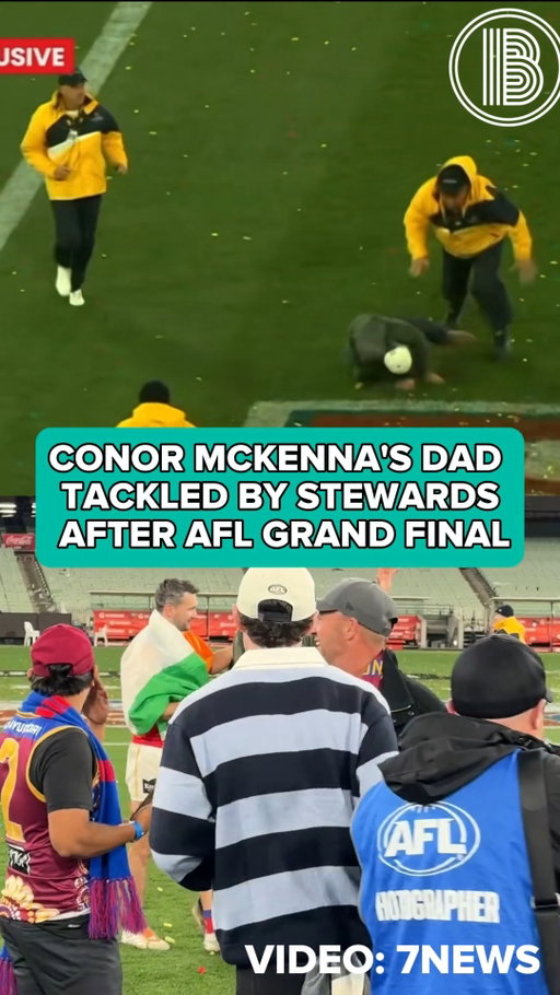 Surreal scenes after the AFL Grand Final yesterday in Melbourne as Conor McKenna's dad Pat was tackled by security after going on the pitch to celebrate with his son. 

There's reports that families weren't allowed on to the pitch to celebrate. 

All's well that ends well though and Conor and Pat shared a great moment on the pitch.

video by 7 News Australia and Beartorious on Twitter