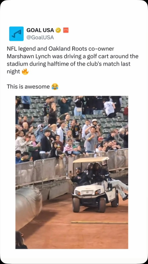 Marshawn Lynch was whipping a golf cart around Oakland Coliseum during halftime of the Oakland Roots match last night 🛺😂

You can always count on Beastmode to get the party started 😤

(Via nosoupforgeorge/X, h/t @oaklandroots)