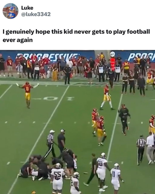 Nothing more lame than celebrating after injuring a player 🤡

Desman Stephens II (#8) delivered a targeting hit on Oregon quarterback Dante Moore while Moore was sliding during Saturday night’s USC vs Oregon game.

He was seen celebrating and exchanging handshakes with teammates while Moore remained down on the field. Stephens was disqualified, and Moore was transported to a hospital by ambulance.

Shameful.

(@nbcsports)