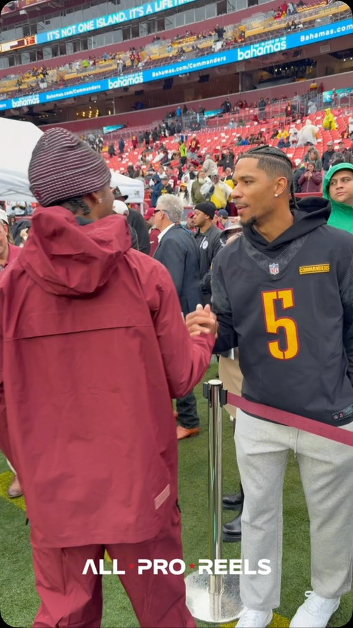 New York Knicks guard, NBA Champion and DMV native Josh Hart links up with Jayden Daniels during pregame of NFL Week 3