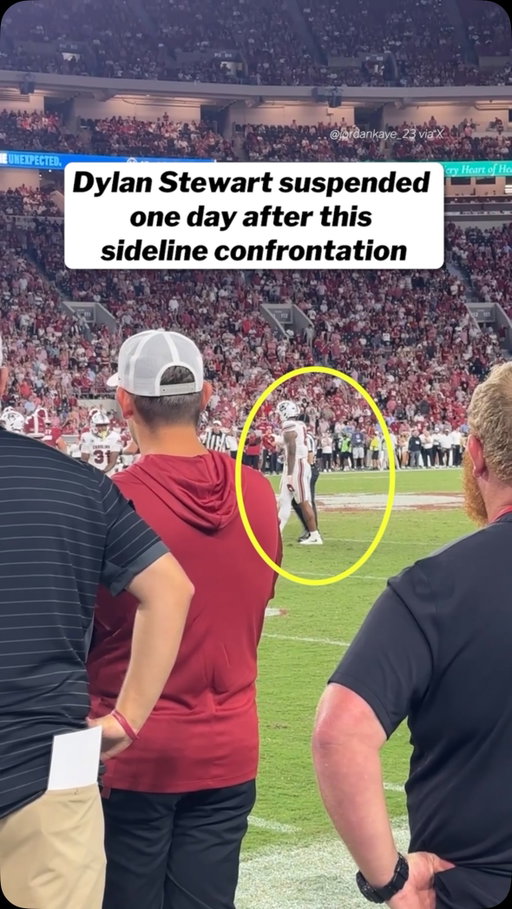 South Carolina’s star edge rusher Dylan Stewart has been suspended indefinitely, one day after this sideline confrontation, per head coach Shane Beamer.
