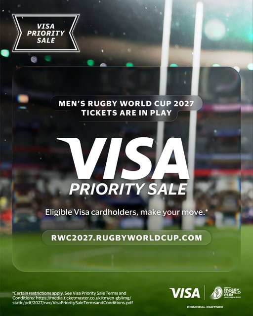 kick off your plans early #RWC2027 
-
Men’s Rugby World Cup 2027 Visa Priority Sale begins 27 September 2026 at 10PM EST and ends 29 September 2026 at 10PM EST (28 September 2026 at 12PM AEST – 30 September 2026 at 12PM AEST). Join the sale: rwc2027.rugbyworldcup.com

Certain restrictions apply. See Visa Priority Sale Terms and Conditions: https://media.ticketmaster.co.uk/tm/en-gb/img/static/pdf/2027/rwc/VisaPrioritySaleTermsandConditions.pdf
