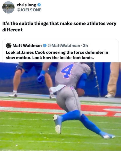 What James Cook did here is the equivalent of racing motorcycles laying down going around corners. 😮‍💨

Cook rushed for 154 yards and one touchdown on 24 carries (6.4 yards per carry) in Buffalo’s 24-16 victory over the Los Angeles Chargers. He scored on a 3-yard touchdown run in the fourth quarter, recorded no receptions and lost one fumble. Cook has now rushed for 100-plus yards in consecutive games.

The Bills improved to 3-0 despite committing five turnovers. Josh Allen completed 16 of 26 passes for 204 yards and two interceptions, adding 22 rushing yards and two rushing touchdowns. Buffalo finished with 350 total yards, including 176 rushing yards. Greg Rousseau recorded two sacks, bringing his season total to six through three games. 

(@nfl)