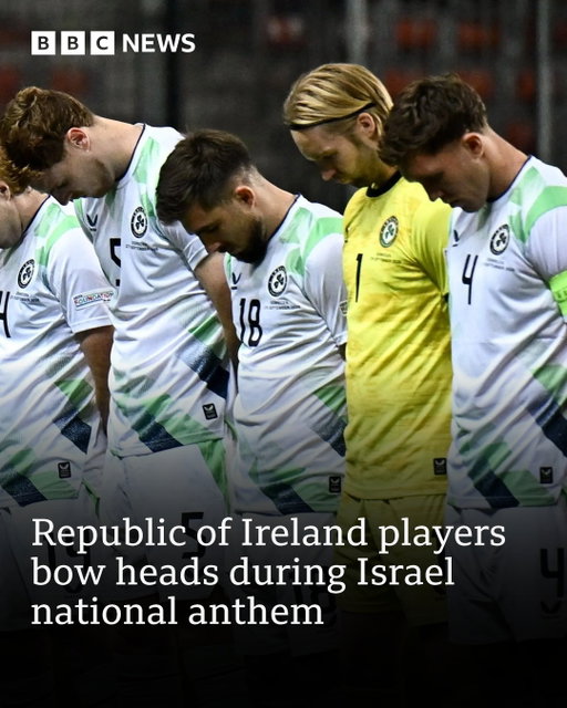 The Republic of Ireland and Israel players did not shake hands and the Irish squad bowed their heads when Israel's anthem was played before their 3-0 Uefa Nations League win in Hungary on Sunday.
 
The Irish players wore black armbands, which Football Association of Ireland chief executive David Courell said on Saturday was a gesture "in recognition of all lives lost in the [Gaza] conflict".
 
The Republic of Ireland players were jeered by the small number of Israel fans in attendance when they emerged for their pre-game warm-up.
 
Republic of Ireland head coach Heimir Hallgrimsson said his players "raised awareness worldwide" after they chose not to engage in pre-match formalities with Israel.
 
Tap the link in @BBCNews's bio for more on this story.
 
(📷 Getty)
 
#BBCNews