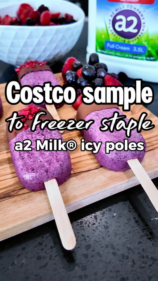 The easiest berry smoothie icy poles using @a2milkau! 

Made with mixed berries, honey and a2 Milk® Lactose Free Full Cream - they’re creamy, refreshing and so simple to make.​

I picked up the milk at @costco_aus after trying it as a sample (IYKYK) and learnt that it’s the only milk that’s naturally A1 protein free and also lactose free. Plus, the 3.5L size is exclusively available at Costco Australia.​

For the recipe, just use 2 parts berries to 1 part milk, plus a drizzle of honey to taste. For an extra treat, dip them in any chocolate of your choice and add your favourite toppings!​

📍 Available NOW in the dairy fridge at Costco​

#ad #paidpartnership #CostcoAustralia #a2Milk #a2MilkLactoseFree lactosefreerecipe