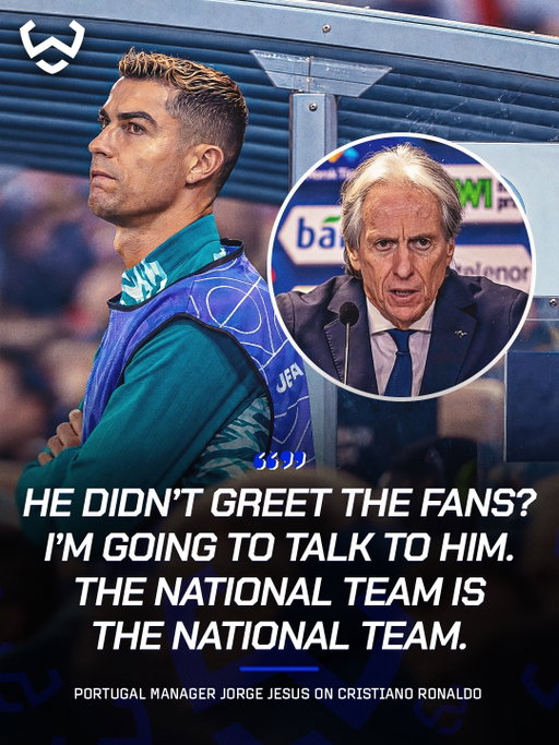 Jorge Jesus says he will speak to Cristiano Ronaldo after the Portugal captain did not greet the supporters. 👀🇵🇹

Jesus also explained why Ronaldo did not play, saying the forward was ready but the game required different characteristics. He could return against Denmark.