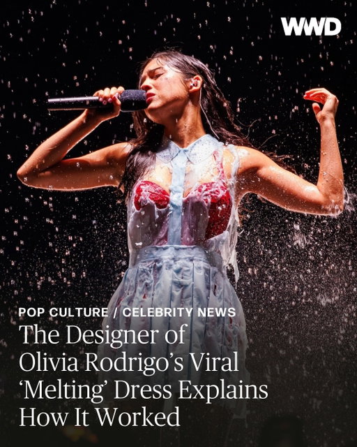 The 2026 MTV VMAs might have taken over Los Angeles on Sunday, but the weekend’s biggest music-fashion moment might still belong to @oliviarodrigo.⁠
⁠
Rodrigo entered the winter section of her “The Unraveled Tour” on Friday night in a pale blue collared minidress with a sleeveless bodice, fitted waistband and sharply pleated skirt. Then the rain started.⁠
⁠
As she performed “The Cure,” water soaked the custom Hussein Chalayan dress until its outer layer clung to her body and began breaking apart in irregular, translucent strips, exposing red lace corsetry underneath.⁠
⁠
@husseinchalayanofficial tells WWD how “The Cure” inspired the dissolving @chalayanstudio minidress, why vulnerability shaped the reveal and what it took to make the transformation work live. ⁠

Take a look at WWD.com — #linkinbio.⁠
⁠
Report: @themaggieclancy⁠
Photos: @polkimaging