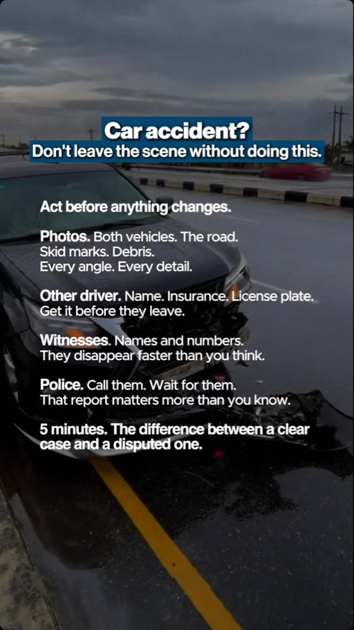 Leaving a crash scene before documenting it is one of the most common mistakes injured people make, and it is almost always impossible to undo.

What happens in the minutes immediately after a collision shapes every step of the claims process that follows. The other driver’s insurance company will begin building its case from day one. The photographs they have, the witness statements they collected, and the police report on file all feed into a liability determination that directly affects what an injured person recovers. When the injured party has none of that documentation, they are left relying on the other side’s version of events.

Photographs of both vehicles, road conditions, and damage from every angle take minutes to collect and can resolve disputes that would otherwise take months of litigation to settle. Witness contact information is equally time-sensitive. People disperse quickly and are rarely traceable afterward.

Ribowsky Law handles car accidents, slip and falls, workplace injuries, premises liability, and personal injury cases across all 5 boroughs of New York City.

Free consultation: (718) 659-5333.
