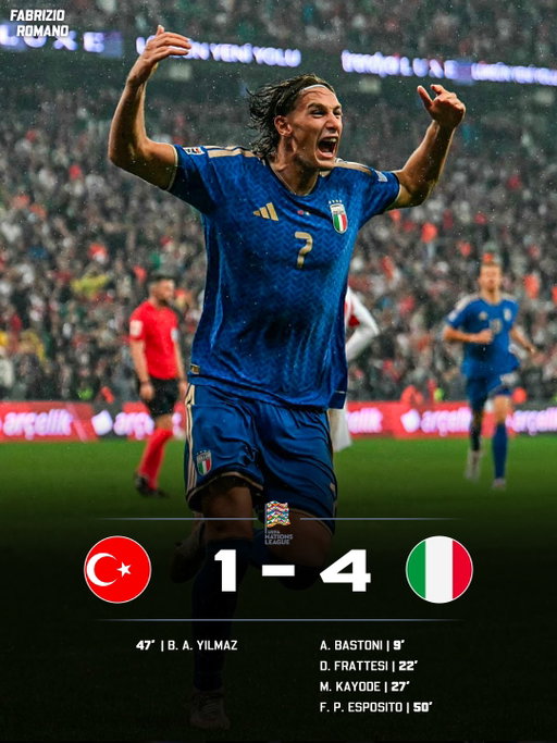 🤩🇮🇹 𝐌𝐀𝐍𝐂𝐈𝐍𝐈’𝐒 𝐈𝐓𝐀𝐋𝐘 𝐒𝐇𝐎𝐖 𝐀𝐆𝐀𝐈𝐍𝐒𝐓 𝐓𝐔𝐑𝐊𝐈𝐘𝐄 𝐖𝐈𝐓𝐇 𝐅𝐎𝐔𝐑 𝐆𝐎𝐀𝐋𝐒 𝐀𝐍𝐃 𝐇𝐔𝐆𝐄 𝐀𝐖𝐀𝐘 𝐖𝐈𝐍! 💙

Pio Esposito already reaches 𝟔 𝐆𝐎𝐀𝐋𝐒 in 11 Italy games 🐥

Mike Kayode delivered his very 𝐅𝐈𝐑𝐒𝐓 𝐆𝐎𝐀𝐋 for Azzurri ⭐️

Alessandro Bastoni and Frattesi again make an 𝐈𝐌𝐏𝐀𝐂𝐓 💥

Turkish fans were 𝐅𝐔𝐑𝐈𝐎𝐔𝐒 in the stands, not happy 😡🇹🇷

𝐖𝐡𝐨’𝐬 𝐛𝐞𝐞𝐧 𝐲𝐨𝐮𝐫 𝐌𝐚𝐧 𝐨𝐟 𝐭𝐡𝐞 𝐌𝐚𝐭𝐜𝐡? 👋🏼