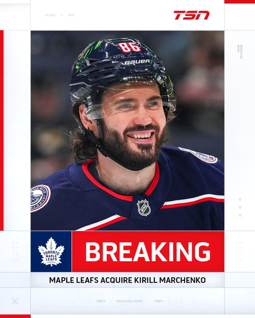 The trade between the Maple Leafs and Blue Jackets sending forward Kirill Marchenko to Toronto and Matthew Knies to Columbus is going through and involves six players, per TSN’s Pierre LeBrun.