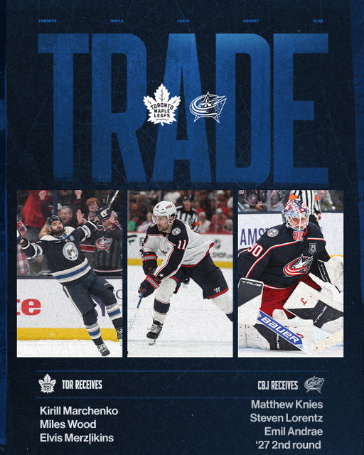 TRADE: We’ve acquired forwards Kirill Marchenko, Miles Wood, and goaltender Elvis Merzļikins from the Columbus Blue Jackets