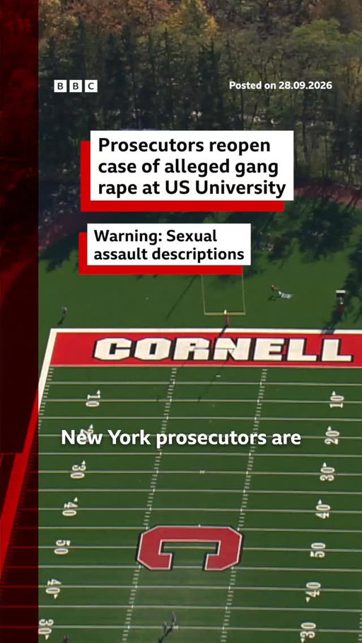 New York state prosecutors say they will reopen a criminal inquiry into the alleged rape of a woman at Cornell University in 2024.
 
The woman filed a civil lawsuit on 16 September alleging she was drugged and raped by multiple people at a fraternity house at the university.
 
Cornell University said that while it supported the case being brought before a grand jury, "any suggestion that the university did not impose consequential punishments for those involved is false".
 
Tap the link in @BBCNews’s bio to learn more.
 
#BBCNews