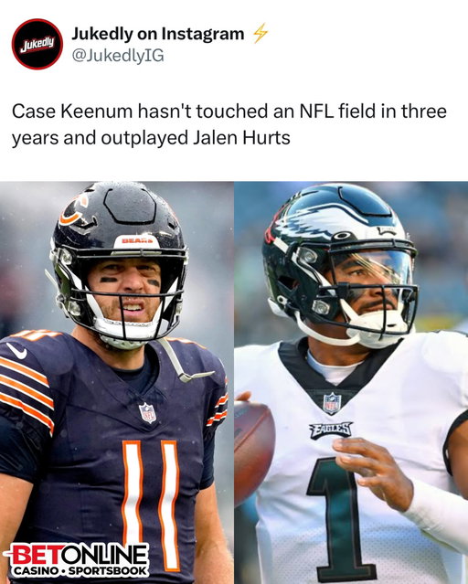 Jalen Hurts just got outplayed by Case Keenum in 2026...

Holy sh*t 😂😂😂😂😂

Case Keenum really came out of nowhere and outplayed Jalen Hurts on Monday Night Football. At 38 years old and making his first NFL start since 2023, Keenum stepped in and led the Bears to a 27-7 win over an undefeated Eagles team.

Keenum finished with 247 passing yards, two passing touchdowns and zero interceptions, while Hurts finished with 153 passing yards, zero passing touchdowns and an interception. Chicago’s veteran looked completely comfortable all night while Philadelphia’s offense struggled to get anything going.

Nobody expected the quarterback battle to look like THIS. Keenum went from being Chicago’s third-string quarterback to beating and outplaying Hurts on national television. Monday Night Football just gave us one of the wildest quarterback performances of the season.

Follow US (@jukedly) to stay locked in if you love sports! 🔥