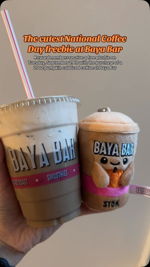 Visit any Baya Bar location on Tuesday, September 29th for National Coffee Day to get a FREE plushie with the purchase of a 20 oz pumpkin cold foam iced coffee🎃🧡. While supplies last, limit one per customer, must be a reward member @bayabar #bayabar #pumpkin #falldrinks #plushie #fallaesthetic