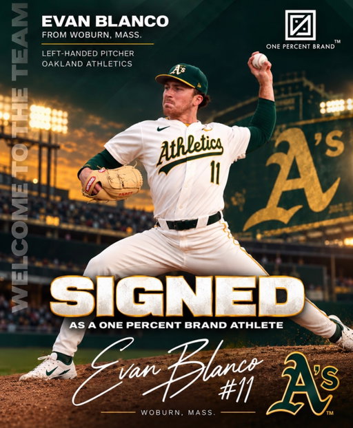 SIGNED. Welcome to the One Percent Brand Team, @evanblanco27 ⚾️

From Woburn, Massachusetts, to an amazing career with the @vol_baseball Volunteers, and now into the Oakland @athletics organization — Evan’s journey represents exactly what One Percent Brand stands for.

The hours nobody sees. The discipline. The setbacks. The next level. And the belief that no matter how far you’ve already come, there’s always another push to reach your best one percent.

We’re proud to officially welcome left-handed pitcher Evan Blanco to the One Percent Brand athlete family.

The destination changes. The standard doesn’t.

Enough Now. Becoming More.™

Welcome to the team, Evan. Let’s work.

#OnePercentBrand #EnoughNowBecomingMore #TennesseeBaseball #vols