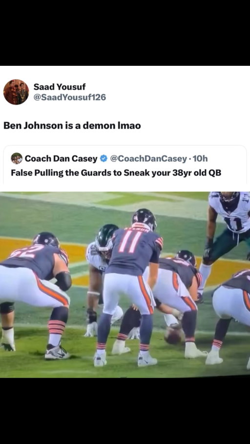 Ben Johnson is a genius 😂

Chicago Bears defeated the Philadelphia Eagles 27-7 on Monday Night Football, improving to 2-1 and handing Philadelphia its first loss of the season. Starting in place of injured Caleb Williams, Case Keenum completed 24 of 34 passes for 247 yards and two touchdowns, adding a rushing touchdown. Luther Burden III caught seven passes for 61 yards and a touchdown, while Kalif Raymond recorded six receptions for 90 yards and a 41-yard touchdown. 
￼
Chicago’s defense forced three turnovers and held Philadelphia scoreless in the second half. Jalen Hurts completed 16 of 25 passes for 153 yards and an interception, adding the Eagles’ only touchdown on a 1-yard run. Saquon Barkley rushed for 82 yards on 15 carries. The Bears outgained Philadelphia 375-248 and controlled possession for 36:53.#l

(@nfl)