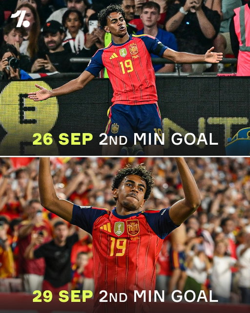 Lamine Yamal has made the perfect start to both Nations League games ⚽️⚡️

⏱️ 2' vs England
⏱️ 2' vs Croatia

Talk about starting fast 😮‍💨