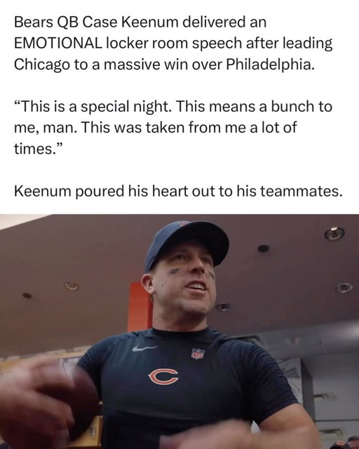 dude stepped up and dominated… you love to see it 🥹

Case Keenum hadn’t started an NFL game in almost three years, and you never would’ve known it against the Eagles. Stepping in for Caleb Williams, the 38-year-old went 24 of 34 for 247 yards and two touchdowns, adding a rushing score for good measure in a 27-7 blowout of a previously unbeaten Philadelphia team.

That kind of rust-free performance after over 1,000 days away is almost unheard of, and it showed, he outplayed Jalen Hurts so clearly that even opposing analysts were pointing it out live. Some guys need a few series to shake off the dust, Keenum just picked up right where he left off like no time had passed at all.

Is this the most impressive “next man up” performance from a backup all season?

(@_mlfootball/x)
#chicagobears #mondaynightfootball #casekeenum