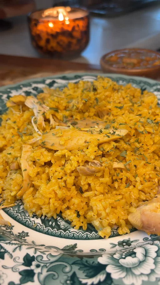 Arroz Con Pollo Recipe 🍚🇵🇷

* 3lbs boneless thighs
* 2 tbsp Achiote oil (recipe pinned) or oil of your choice w/packet Sazon
* 1/2 tbsp complete Sazon
* 1/2 tbsp adobo
* Oil of your choice
* Sofrito
* 1 tbsp garlic powder
* 1 tbsp chicken bouillon 
* 1 heaping tbsp oregano leaves
* 1/4 tsp cumin powder
* Sazon blend (recipe pinned) or packet Sazon 
* 3c medium grain rice
* 2 1/2c water 
* Salt to taste