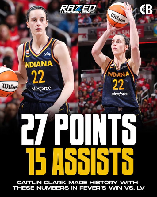 CAITLIN MAKES HISTORY! Caitlin Clark made WNBA history, as she became the first player in playoff history with 25+ Points & 15+ Assists in a single game! 

📊 27 PTS, 7 REB, 15 AST, 5 TOV, 9/18 FGM, 5/11 3PM, WIN

Indiana beat Las Vegas in Game 2, 99-89! 

One of the greatest performances in WNBA playoff history ‼️