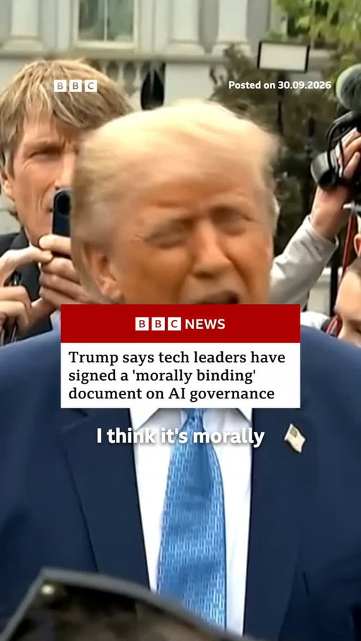 US President Donald Trump says that technology leaders have signed a "morally binding" document that would serve as a "form of protection" from the potential hazards of AI.
 
The announcement came following a White House lunch with representatives of government agencies and technology companies - including OpenAI, Anthropic and Meta.
 
A "Super Intelligence Czar" would likely be named in the coming days, Trump added.
 
Tap the link in @BBCNews's bio to find out more.
 
#BBCNews