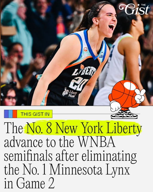 THE FIRST NO. 8 SEED TO ELIMINATE THE NO. 1 SEED IN WNBA HISTORY! 🤯⁣
⁣
The No. 8 seed New York Liberty are the first team to punch their ticket to the WNBA semifinals after their 87-71 Game 2 win over the top-seeded Minnesota Lynx. 🏀⁣
⁣
That said, these perennial contender aren't an ordinary eight seed. All their injuries managed, this now-healthy Liberty team is a juggernaut. 🙂‍↕️⁣
⁣
Keep up with the WNBA Playoffs by subscribing to our free, 4x-weekly sports newsletter over at the link in bio. 💌⁣
⁣
#womenssports #basketball #wnba