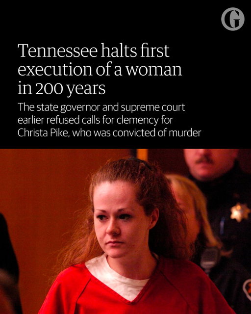Tennessee’s first execution of a woman in 200 years was halted by a court on Wednesday morning an hour before it was set to take place.

The state governor and the supreme court had earlier refused calls for clemency in the case of Christa Pike, who was convicted of murder 30 years ago.

She was set to die by lethal injection at 11am ET on Wednesday but the execution has been halted by a federal appeals court.

Pike, who is now 50, was 18 when she and her boyfriend, who was 17 at the time, killed 19-year-old Colleen Slemmer, one of their classmates at Knoxville Job Corps in 1995.

Follow the link in bio for the latest.