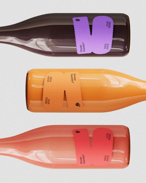 Anything with a hint of tactile simplicity is catching my eye these days, and House Guests turns an otherwise familiar bottle into a wonderfully strange little object.⁠
⁠
@saxoncampbell wraps the glass with scalloped paper labels that look somewhere between vintage postage stamps, fabric swatches, and old-fashioned fruit stickers, then cuts a slit through the center so the label becomes dimensional. Tiny fruit drawings and simple typography let the juice color do most of the work. House Guests strips everything back to good fruit, good juice, and one unexpectedly charming piece of paper.⁠
⁠
Link in bio for the full article.